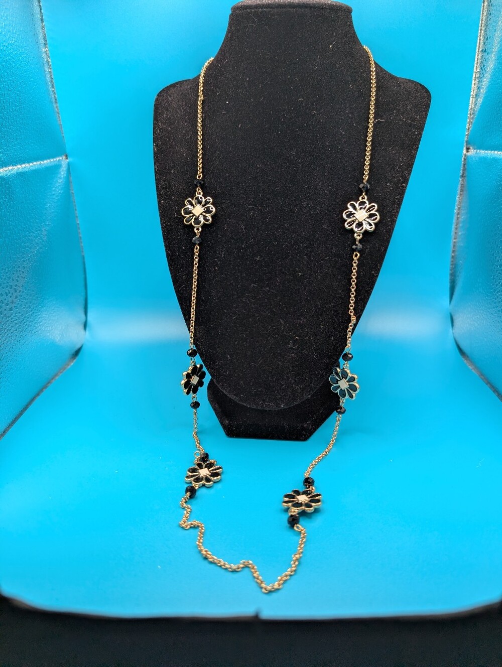 Gold Floral Long Pendant Necklace - Black Accents